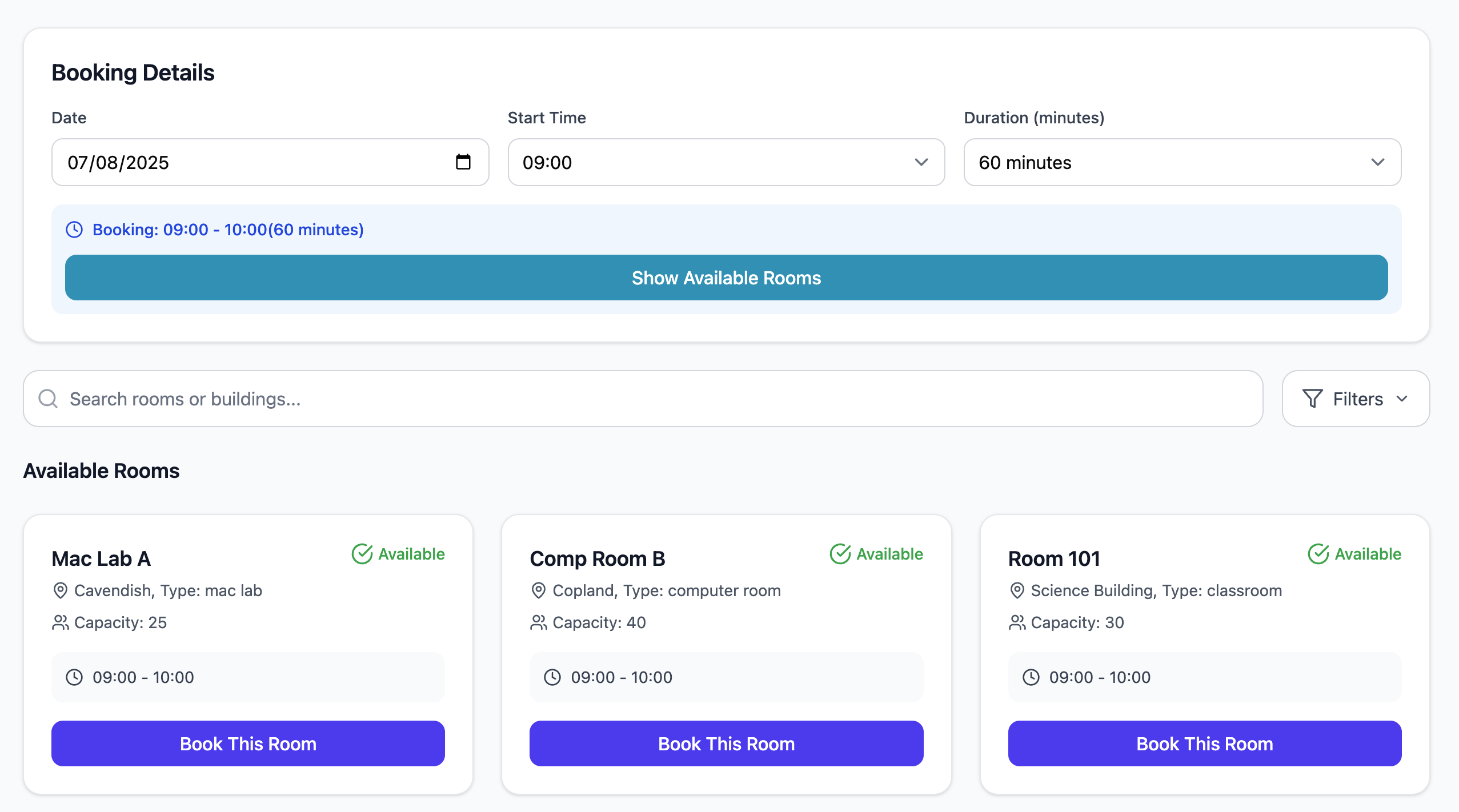 StudySpace room booking interface with available rooms and booking details